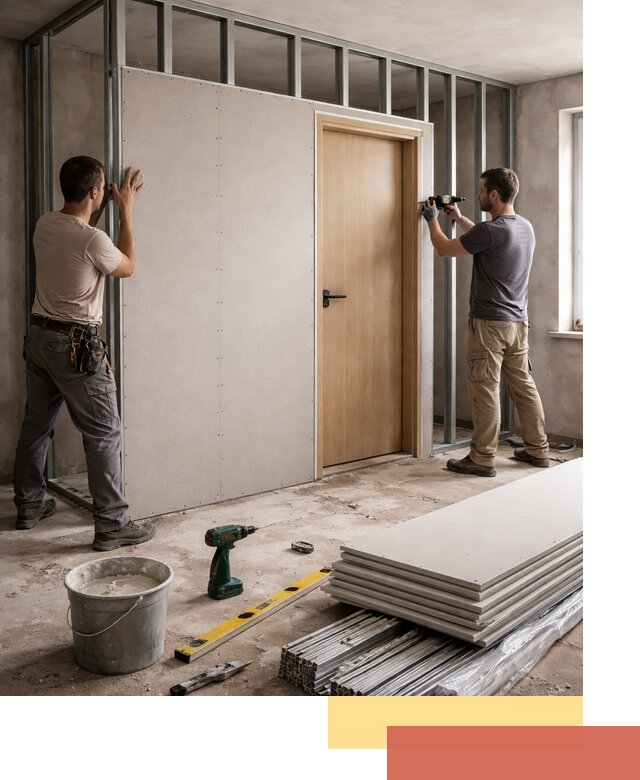 Перегородка из гипсокартона с дверью под ключ в Еманжелинске