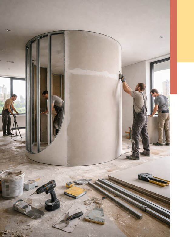 Радиусная перегородка из гипсокартона в Еманжелинске от 2979 руб. под ключ | ОТДЕЛОЧНИК-Мнж