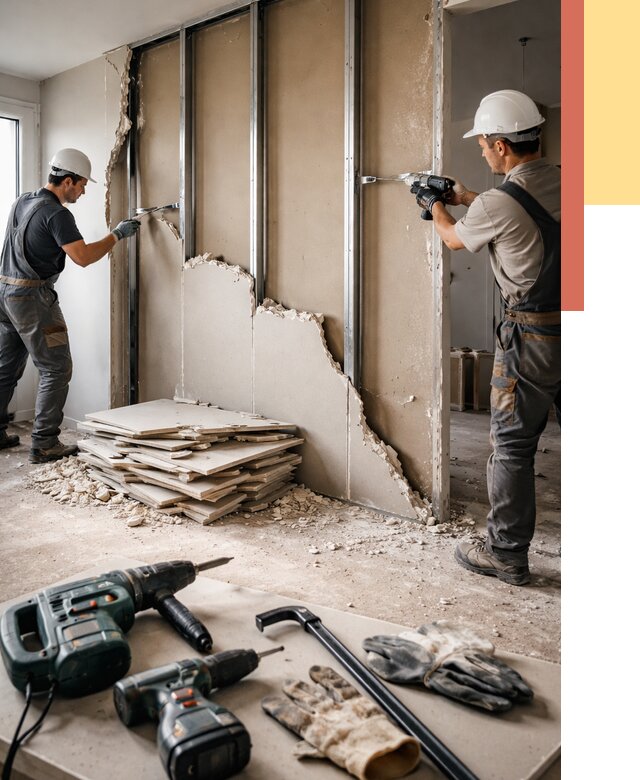 Демонтаж перегородки из гипсокартона в Еманжелинске от 1233 руб. быстро и недорого | ОТДЕЛОЧНИК-Мнж