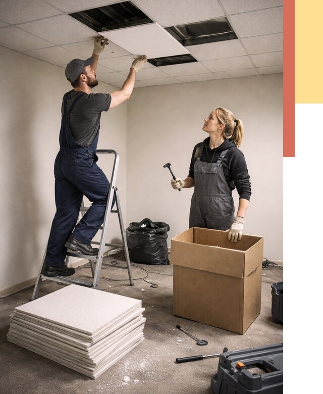 Демонтаж потолочной плитки в Еманжелинске от 4622 руб. быстро и недорого | ОТДЕЛОЧНИК-Мнж