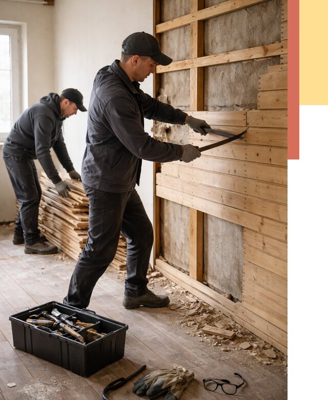 Демонтаж вагонки в Еманжелинске от 3903 руб/м2 — быстро и недорого | ОТДЕЛОЧНИК-Мнж