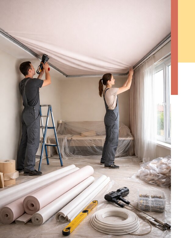 Монтаж цветного натяжного потолка в Еманжелинске от 4314 руб/м² — быстро и недорого | ОТДЕЛОЧНИК-Мнж