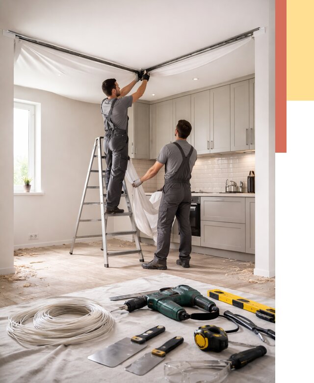 Установка натяжного потолка на кухне в Еманжелинске от 2465 руб. | ОТДЕЛОЧНИК-Мнж