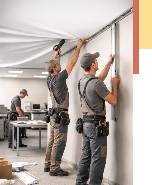 Монтаж натяжного потолка в офисе в Еманжелинске от 462 руб/м² — быстро и недорого | ОТДЕЛОЧНИК-Мнж