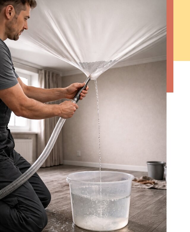 Слив воды с натяжного потолка в Еманжелинске от 2568 руб. быстро и недорого | ОТДЕЛОЧНИК-Мнж